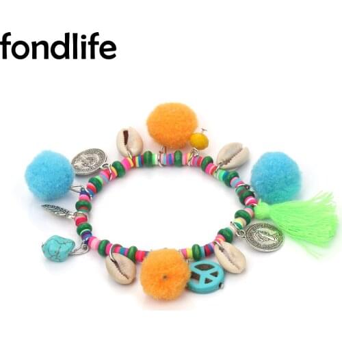 Coin Peace Sign Fuzzy Ball Stretch Bracelet Boho Multicolor Cowrie Seashell Tassels Feather Crystal Polymer Clay Beads Jewelry