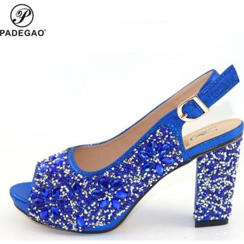 Blue Latest African Autumn Sandals Shoes Without Bag To Match Set For Party Fashion Rhinestone Pumps Shoes