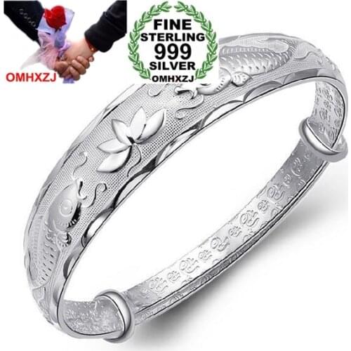 OMHXZJ Wholesale fashion Double fish lotusn woman kpop star Fine 999 Sterling Silver adjustable bracelet Bangles gift SZ17