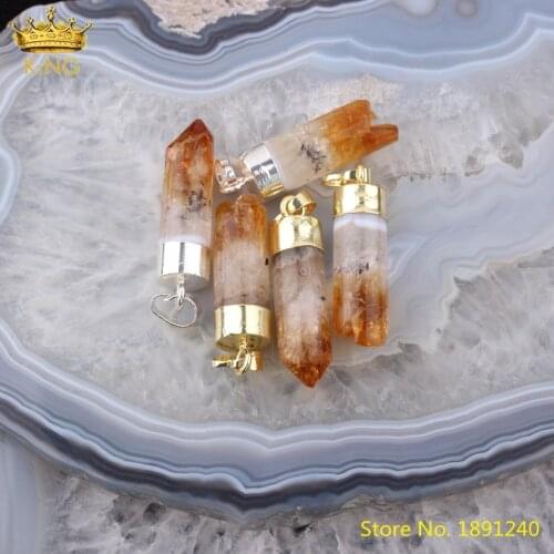 5pcs Natural Citrines Quartz Stone Point Pendant Jewelry,Plated Gold Silvery Caps Quartz Crystal Stick Point Charms DIY Jewelry