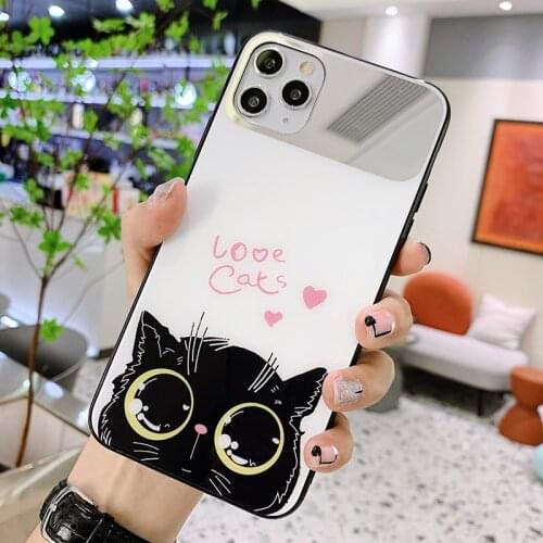 Luxury Cute Cat Tempered Glass Phone Case For iPhone 12 Mini 11 Pro Max XSmax XR X SE 8 7 6 Plus Makeup Mirror Silicone Cover
