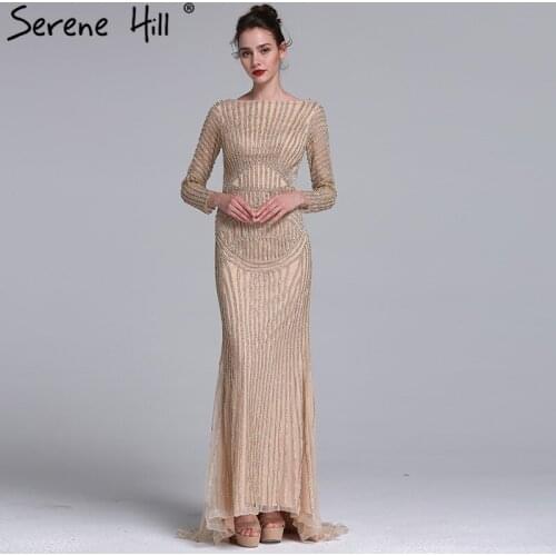 Sexy Gold Nude Mermaid Diamond Evening Dress Gold Long Sleeves Luxury Gowns 2020 Serene Hill LA6015