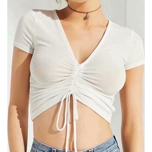 Sexy V Neck Cropped Tops Women T Shirt Drawstring Tie Up Front Tees 2020 Summer Solid T Shirts Streetwear Slim Crop Top Female