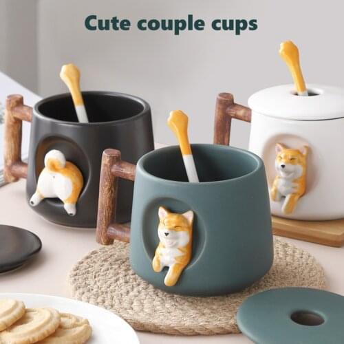 Cute Shiba Inu Ceramic Cups Creative Nordic Mugs Milk Coffee Cup with Lid and Spoon Kawaii Water Bottle Drinkware Couple Gifts
