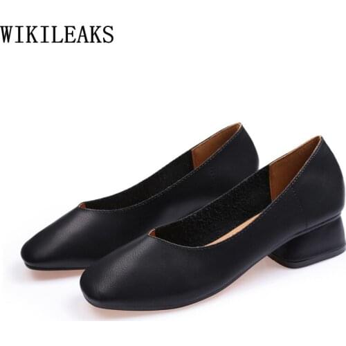Black Heels Genuine Leather Low Heels Pumps Women Shoes High Heels Women Slip on Shoes for Women Square Toe Heels Zapatos Mujer