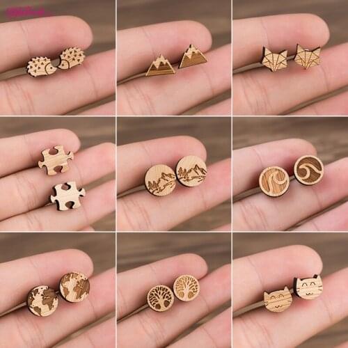 Vintage Fashion Wooden Earrings For Women Female Mountain Puzzle Tree of Life Fox Round Earrings Jewelry Child Christmas Gifts