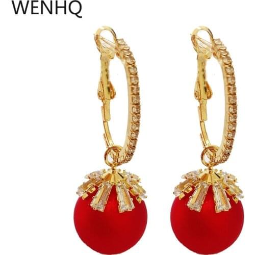 WENHQ High Quality Geometric Clip on Earrings No Pierced Elegant Bridal Wedding Red Pearl Rhinestone CZ Ear Cuff Hoop Earrings