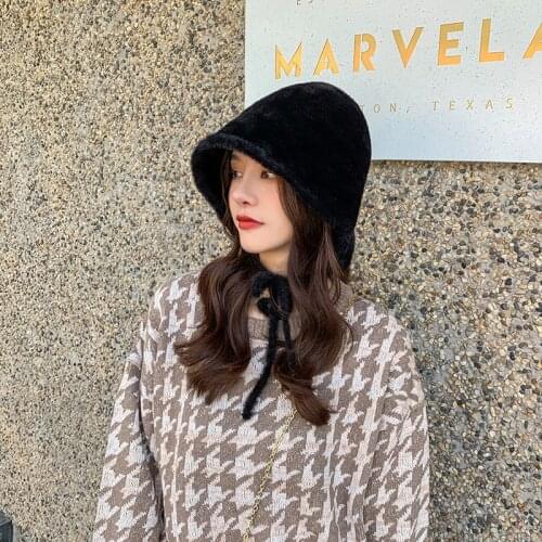 Women Autumn Winter New Plush Velvet Fisherman Hat Fashion Soft Rear Split Tether Wild Foldable Basin Cap Dome Bucket Hat Beanie