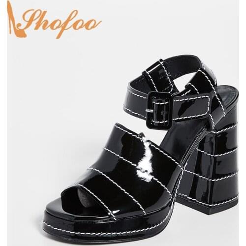 Black High Chunky Heels Ankle Strap Platform Sandals Woman Peep Toe Buckle Large Size 12 15 Ladies Fashion Mature Shoes Shofoo