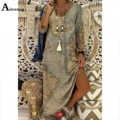 Plus Size 3xl Women Elegant Mid-Calf Dress Model World Map Print Dresses 2021 New Summer Casual Loose Dress Sexy Femme Clothing