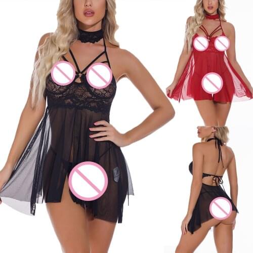 Womens Plus Size Underwear Sexy Lace Mesh Stitching Pajamas Home Wear Lady Solid Cardigan Lingerie Set lenceria talla grande 00