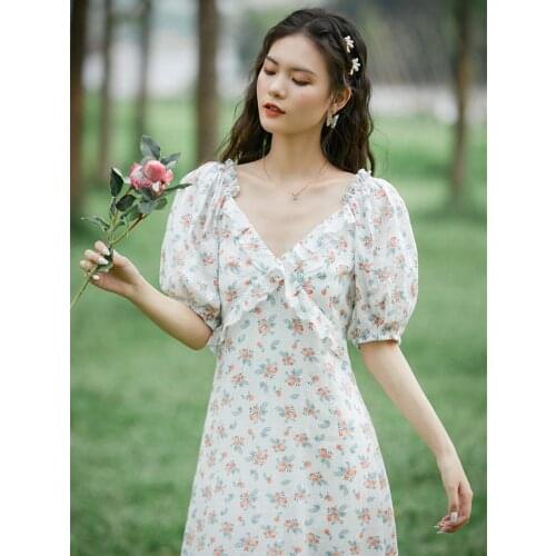 French Sexy V-Neck Lotus Leaf Stitching Sweet Floral Dress Women Summer 2021 Vintage Puff Sleeve Temperament Vestido de mujer
