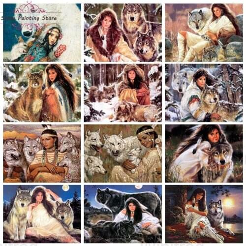 5D Diamond Painting Cross Stitch Snow Scenery Primitive Tribe Wolf and Woman Mosaic Diamond Embroidery Full Square Round Drill
