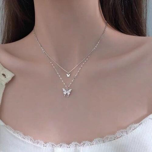 Shiny CZ Butterfly Necklace for Women Dainty Double Layer Clavicle Chain Necklaces Wedding Birthday Jewelry Gift