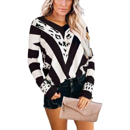 Fashion Ladies Long Sleeve T-shirt 2021 New Spring V-Neck Leopard Striped Printed Tops 5XL Plus Size Loose Casual T Shirt Women