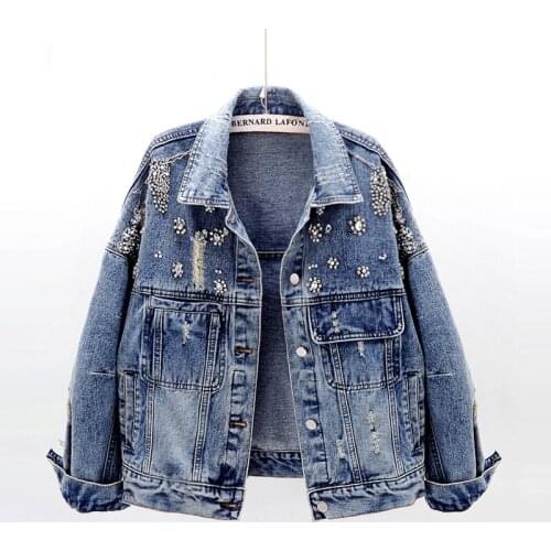 Diamond Holes Denim Jacket Coat Women Outerwear Autumn New Korean Loose Short Blue Jeans Jacket Female Streetwear Chaqueta Mujer