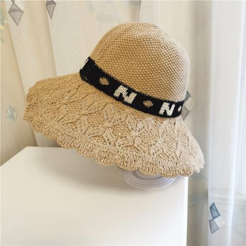 Fashion Youth Art Fisherman Hat Letter Pattern Hollow Plain Solid Color Acrylic Wide Brim Outdoor Sun Protection