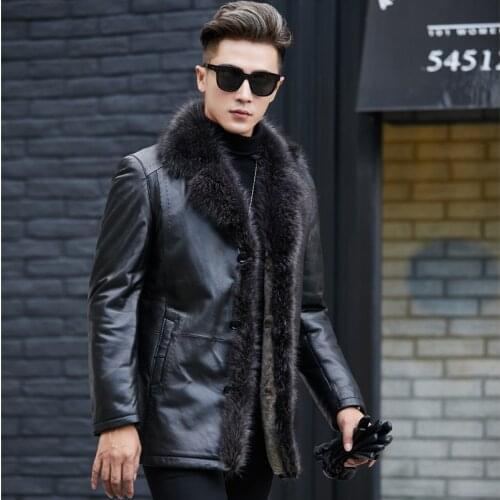 AYUNSUE Raccoon Dog Fur Collar Leather Jacket Men Wool Liner Tops Winter Mens Sheepskin Coat Plus Size Clothes 6xl 2021 ZT5010