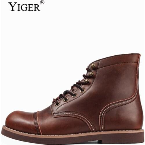 YIGER Mens Martins Boots Ankle Boots Vintage American retro cowhide tooling mens boots oil wax leather military boots Retro