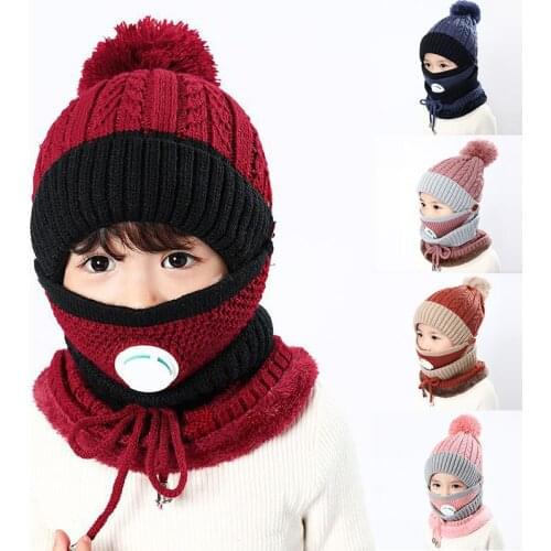 Hot Sale 3 in 1 Kids Knitted Scarf Hat Face Mask Set with Breathing Valve Winter Warm Soft for Children Outdoor NOV99