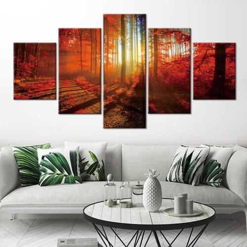Prints Poster 5 Pieces Wall Art Forest Maple Leaves Landscape Canvas Painting Picture for Living Room Home Decoration