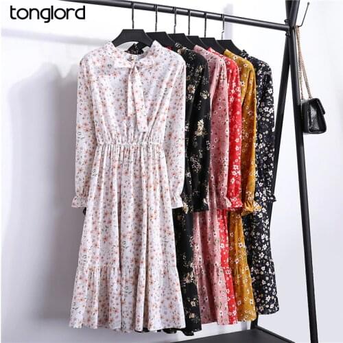 Chiffon High Elastic Waist Spring Summer Dress Bow A-line Women Full Sleeve Flower Print Floral Bohemian Dresses Slim Feminino