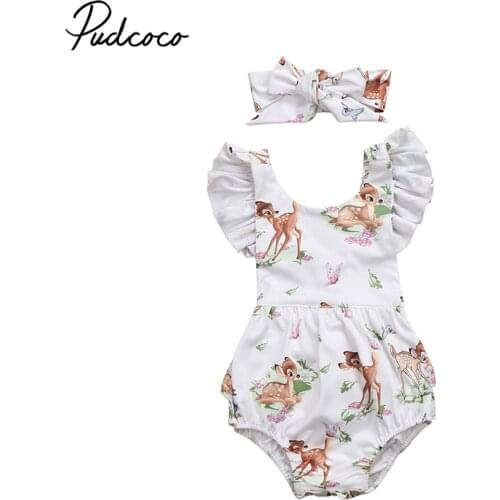 2PCS/Set Cute Newborn Baby Girl Xmas Clothes Ruffles Sleeve Deer Print Tutu Skirted Romper Jumpsuit +Headband Outfits Sunsuit