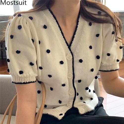 Stereoscopic Balls Knitted Cardigan Sweater Women Short Sleeve V-neck Single Breasted Knitwear Korean Vintage Elegant Jumpers