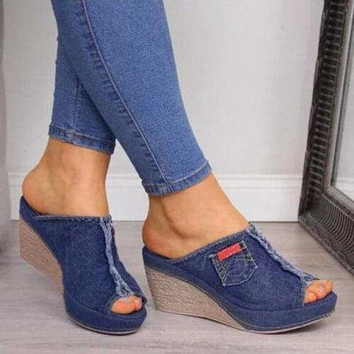 Slipper Shoes Women Summer High Heels Sandals Peep Toe Denim Wedges Fashion Slipper Shoes Woman Sapato Feminino Zapatos Mujer