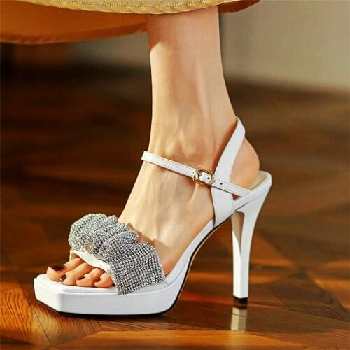 Summer Party Pumps Womens Real Leather Rhinestone Ankle Strap Sandals Platform High Heel Square Toe Wedding Shoes Stilettos