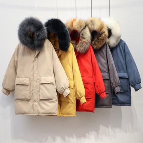 New Autumn Winter Casual Fur Collar White Duck Down Coats Women Bat Sleeved Hooded Long Jacket Windproof Oversize Outwears Mw534