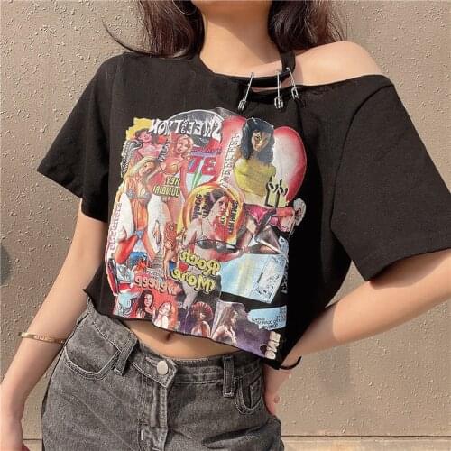 Womens One Off Shoulder T-Shirt Short Sleeve Cartoon Print Workout Top Sweatshirt Loose Crop Tops Streetwear with Safety Pins