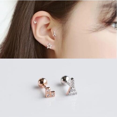 925 Sterling Silver Earring Cute Heart Iron Tower Star Screw Stud Earring Personality Small Ear Bone Nail Female Girl Ear Jewelr