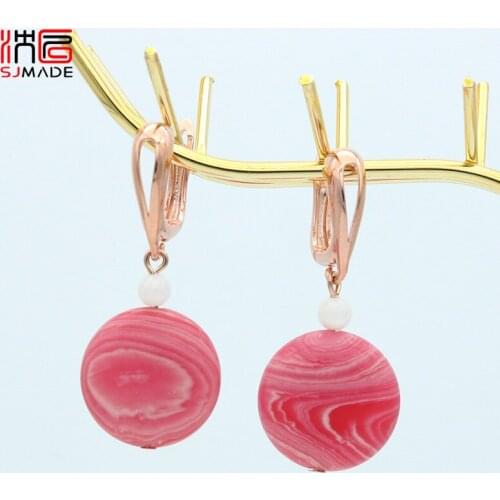 SJMADE Korean Vintage Elegant Personality Round Stone Dangle Earrings 585 Rose Gold Eardrop For Women Girls Wedding Jewelry Gift