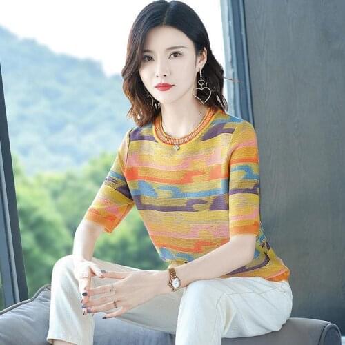 Women O-Neck Knitted Tops New Summer Half Sleeve T-shirt Female Tees