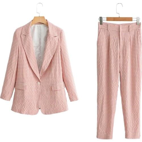 Women Office Lady Summer Plaid Pant Suits Long Sleeve Single Button Blazers Coats and Pants Two pieces Sets Female Clothes