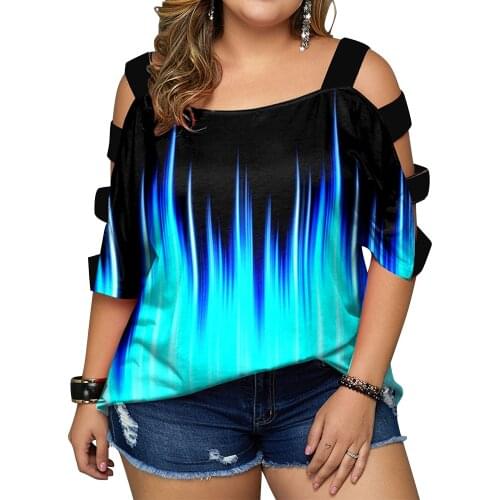 Womens Plus Size Butterfly Print Off-shoulder Irregular Hem Top Summer Fashion Ruffle Sleeve striped O-Neck Suspender Shirt D30