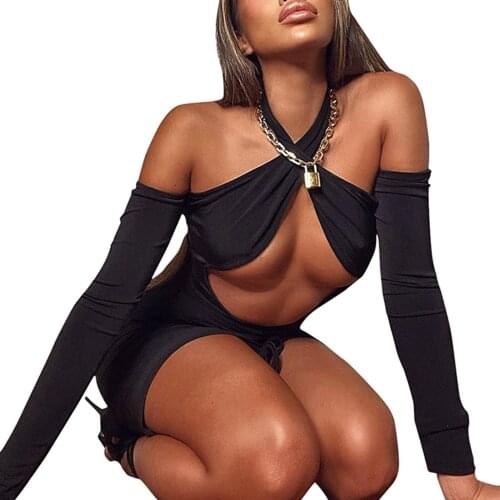 Female Short Dress, Solid Color Halter Neck Long Sleeve Hollow Out Dress for Summer, Black, S/M/L