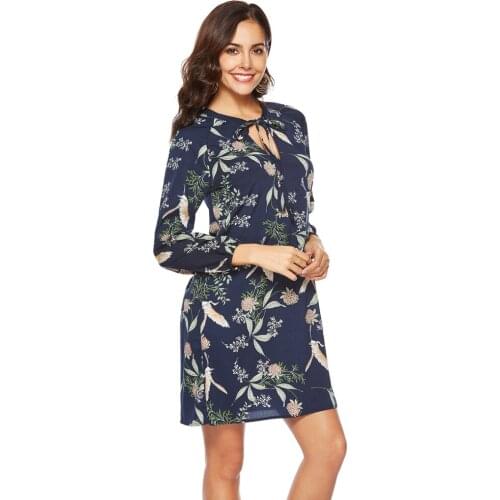 Womens Floral Print Tie V-Neck Long-Sleeved Short Dress Chiffon Leisure Vacation Shopping Mini Dress