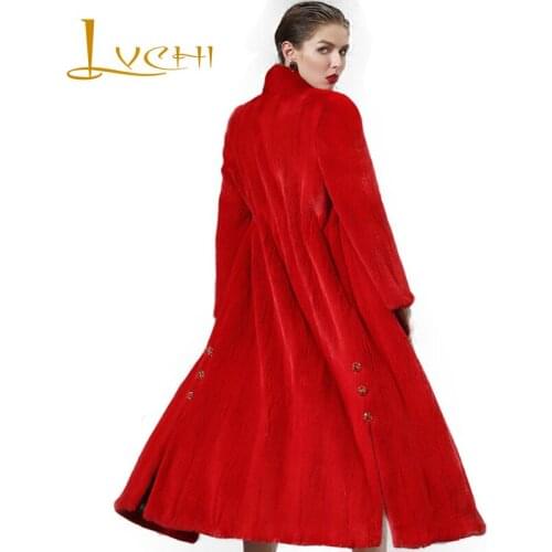 LVCHI Winter 2019 Red Real Mink Fur Coats Womens Coat Full Pelt Causal Button Long Sleeve Mandarin Collar X-Long Mink Coats