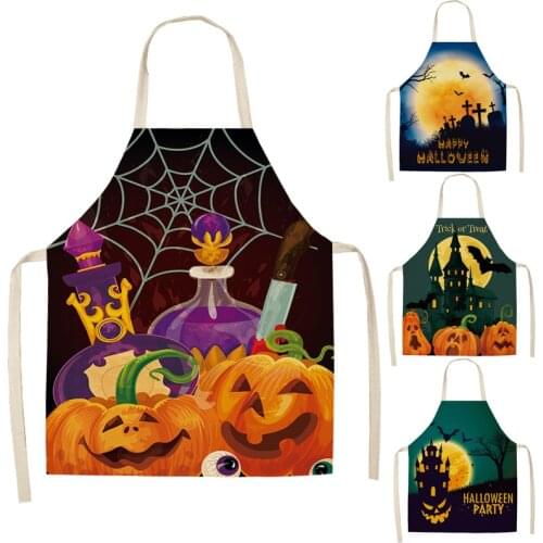1 Pcs Pumpkin Witch Horror Happy Halloween Kitchen Aprons for Woman Man Home Cooking Baking Shop Cleaning Cotton Linen Apron