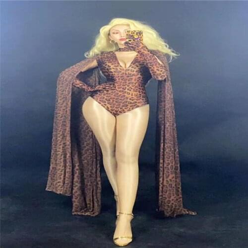 H127 Singer Dance Sexy Club Jumpsuit Costume Catwalk Party High Elastic Stretched Prom Tight Long Sleeves Siamese Leopard Cloak
