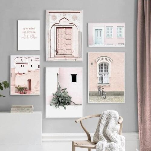 Modern Decor Picture Pink Courtyard Landscape Doors and Windows Canvas Painting Nordic Poster Home Decor Girls Bedroom Wall Art