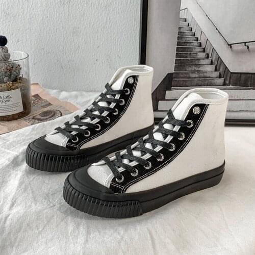 Women Sneakers Canvas Shoes Lace Up Flats Shoes Sneaker Woman High Top Sneakers Fashion Black White Shoes for Girls Women 2021