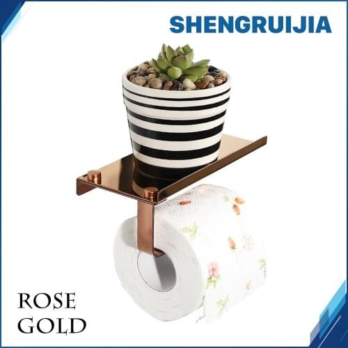 2018 beautiful appearance rose gold roll paper holder with Shelf Wall Mounted Roll Paper rack stainless steel toilet paper rack