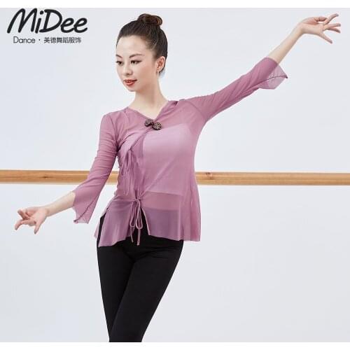 MiDee Classical Dance Costume for Women Adult Lace Wave Button Skinny Mesh Chinese Dance Top Cloths Girl Performance Ballet Coat
