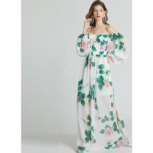 2021 New Vitage Retro Runway Designer Style Maxi Dresses Holiday Party Printed Square Clooar Long Sleeve Rose Green Dresses