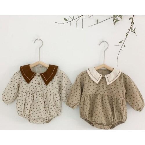 Korean Style New 2021 Spring Floral Printed Newborn Baby Girls Princess Bodysuits Infants Clothes Toddler Kids Corduroy Jumpsuit