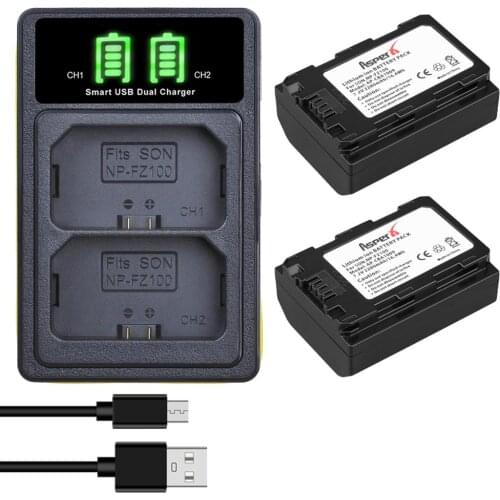 2Pcs 2280mAh NP-FZ100 NPFZ100 NP FZ100 Batteries + LED Dual USB Charger with Type C for Sony A9 A7RIII A7R3 ILCE-7RM3 A7RM3