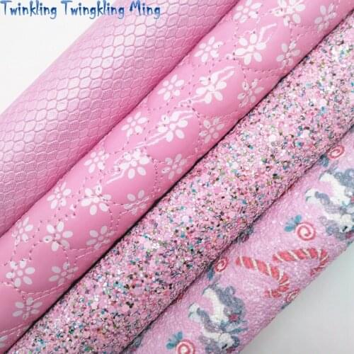 Pink chunky Glitter leather, Unicorn Flowers Printed Synthetic Leather Faux Fabric Sheet For Bow 21x29CM Twinkling Ming KM378
